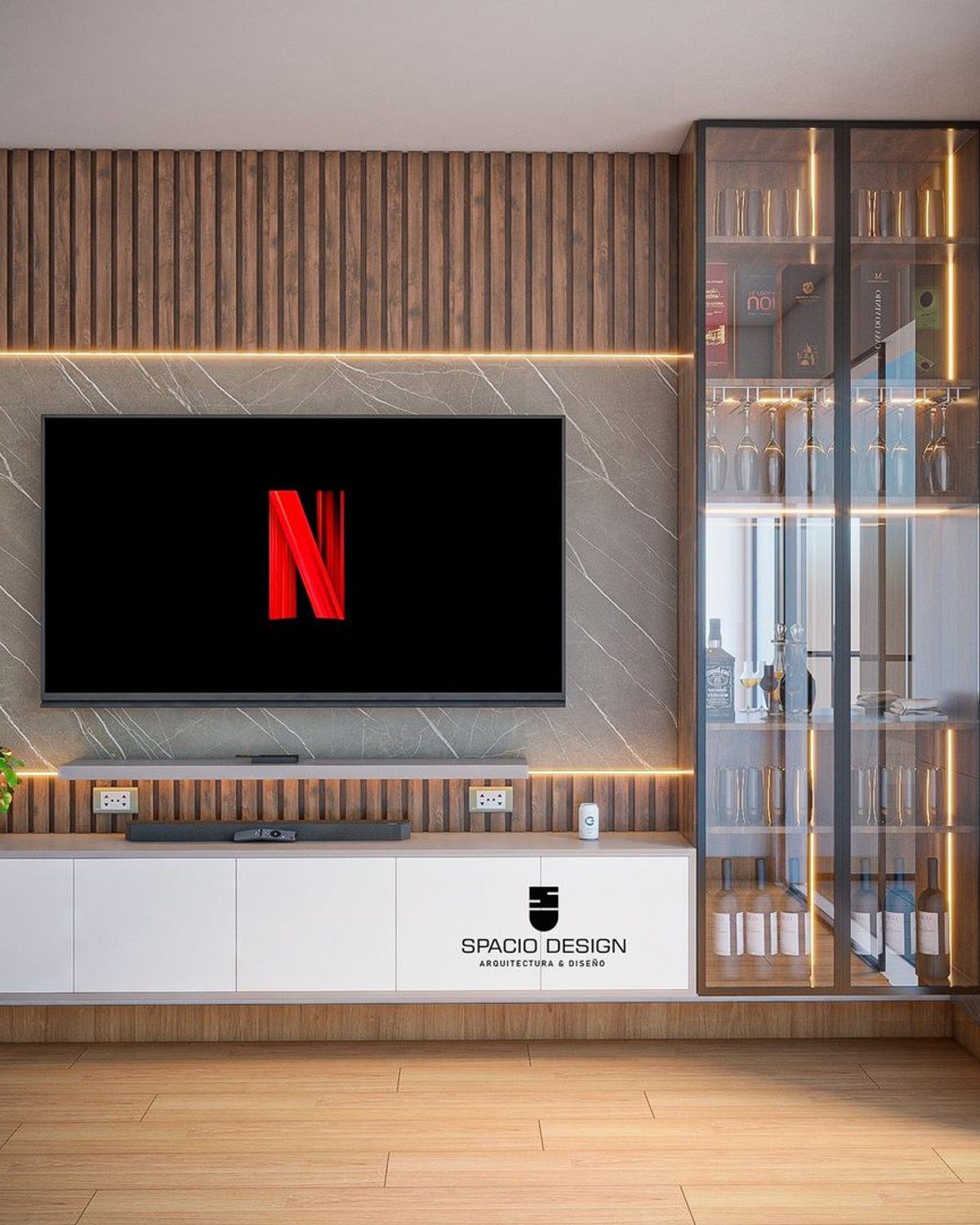 A finely designed living room with a minimalist theme and a mounted TV displaying Netflix's logo