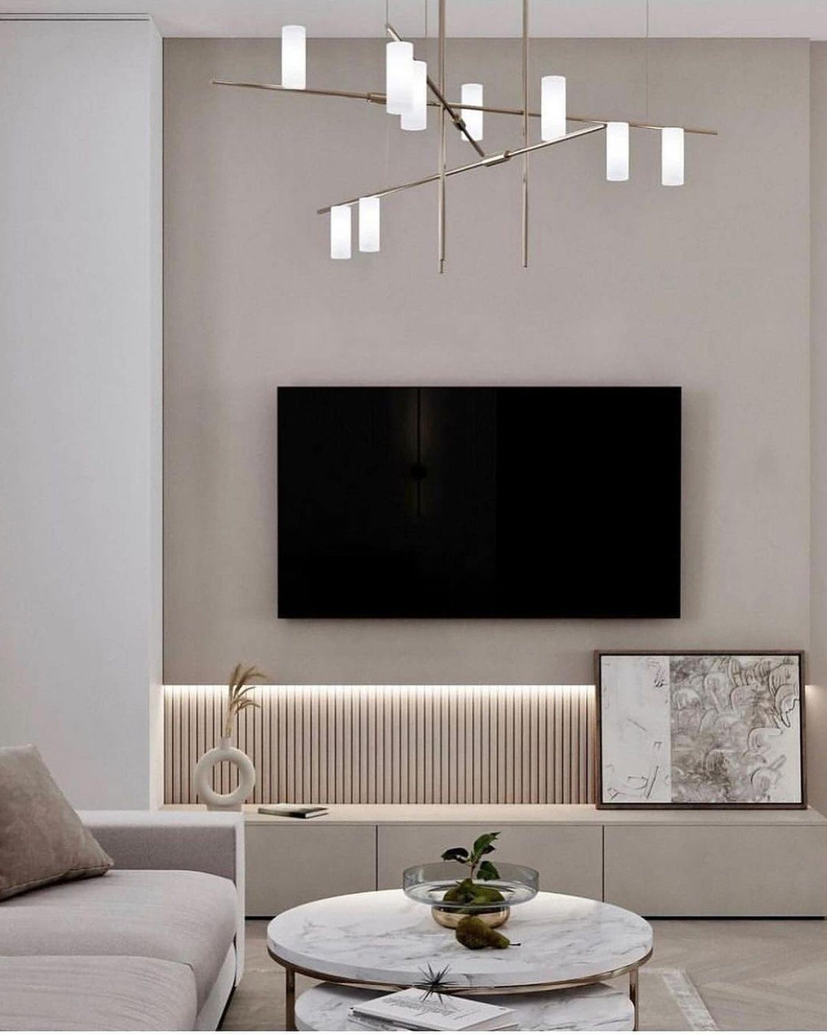 A modern minimalist living room with a sleek design