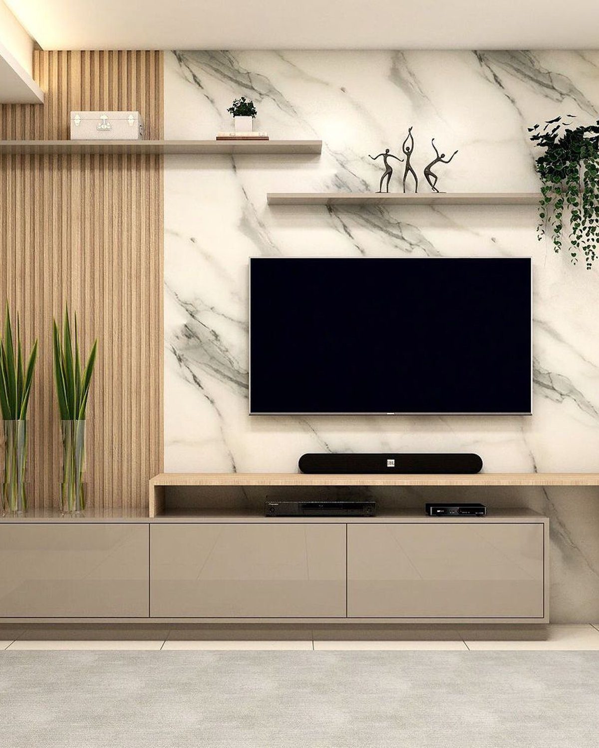 A modern, minimalist living room with marble wall detailing