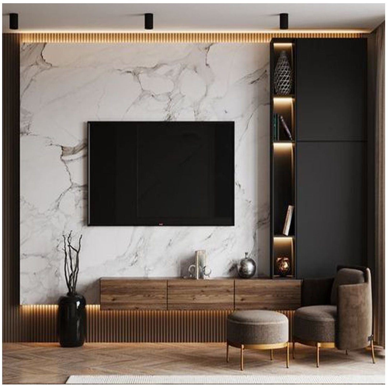 Elegant modern living room with marble wall