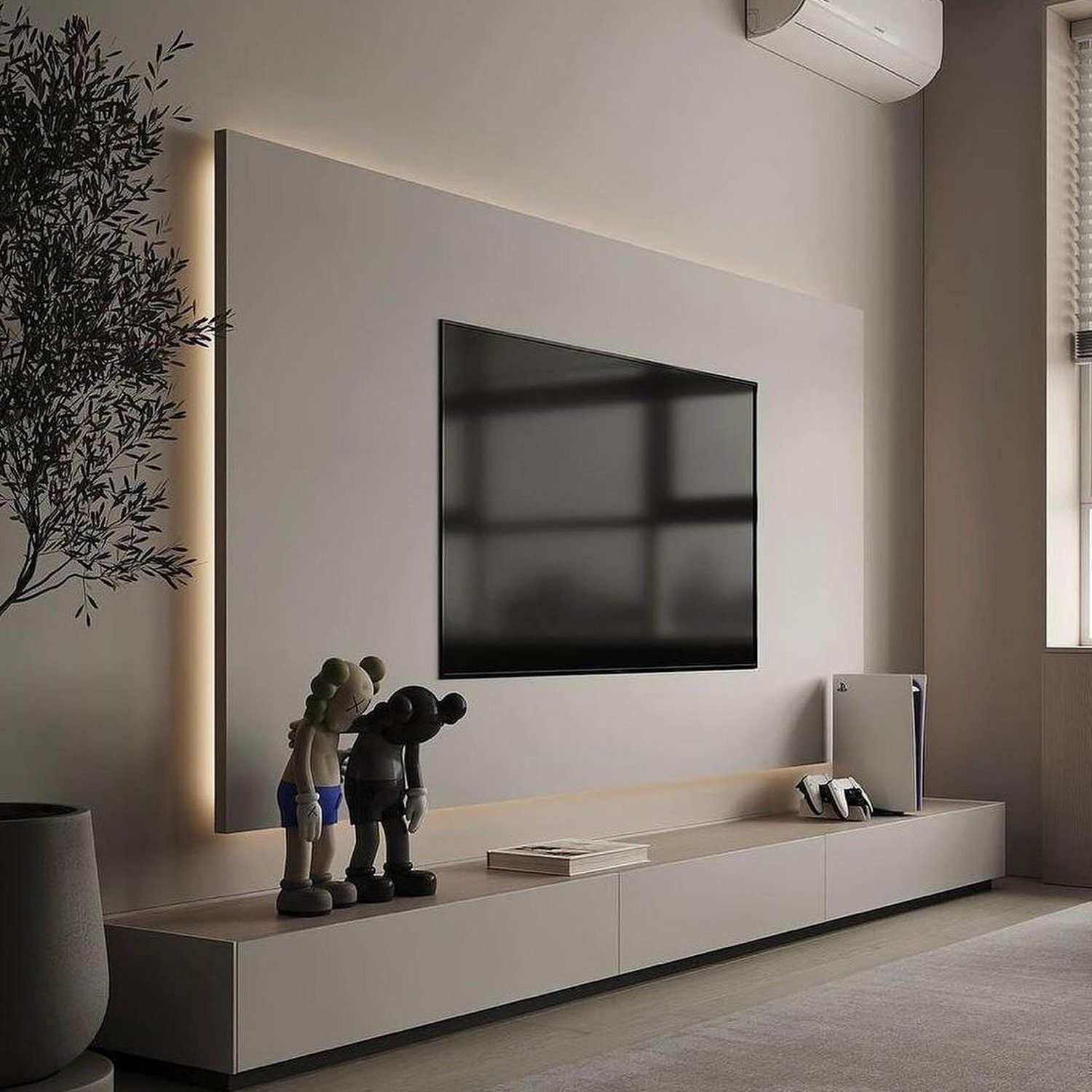 A modern minimalist living room with sleek furniture and neutral tones