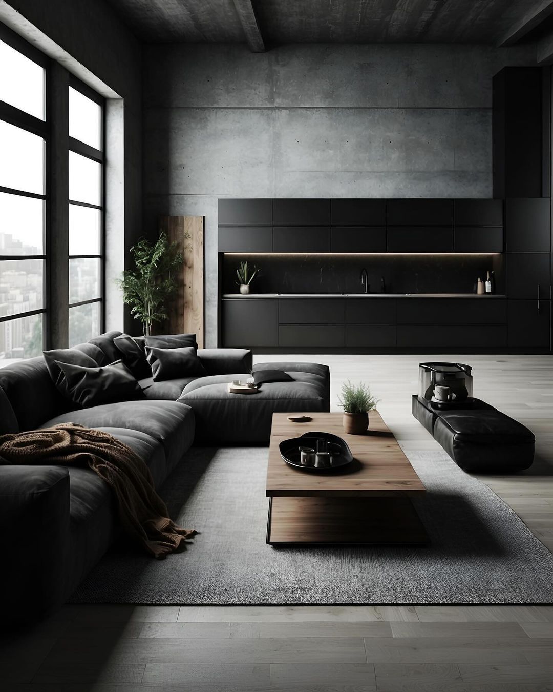 A modern minimalist living room featuring a bold contrast of dark furniture and light wood elements