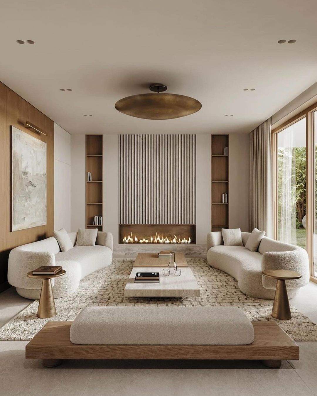 A modern minimalist living room with warm wood tones and soft textures