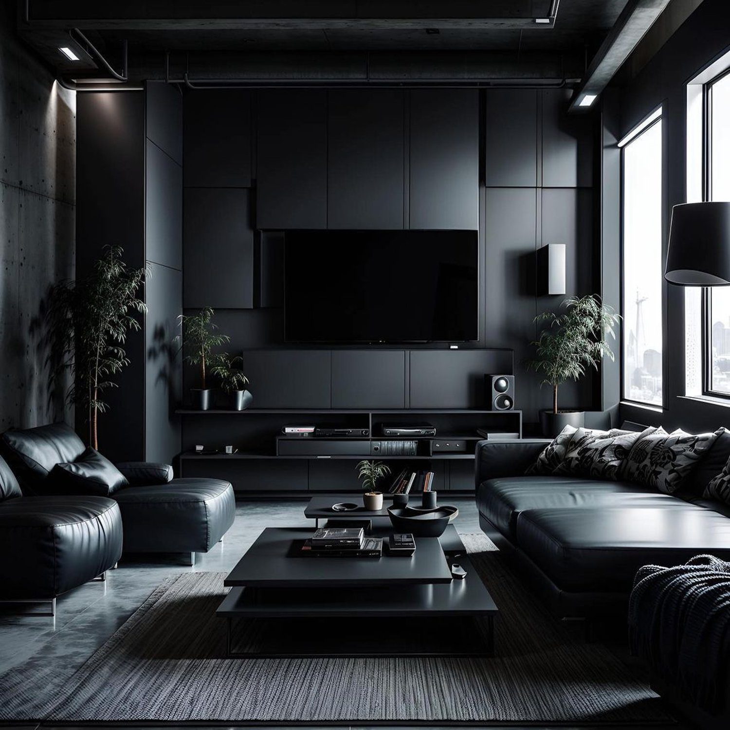 Modern minimalist living room with dark color palette