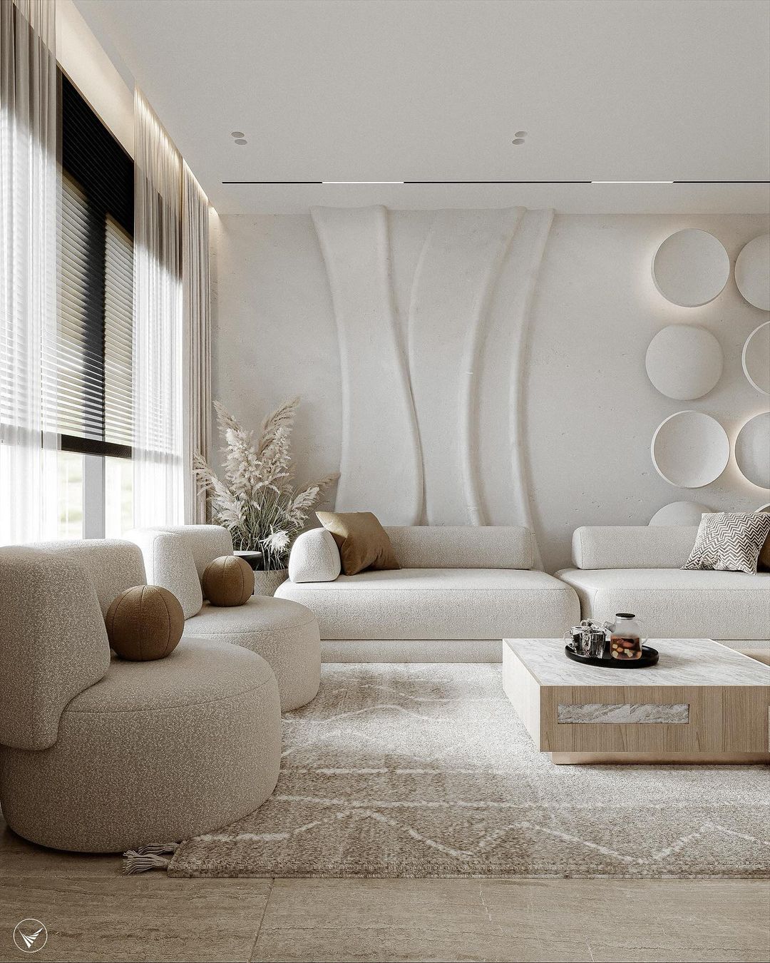 A minimalist living room featuring textured walls and organic shapes