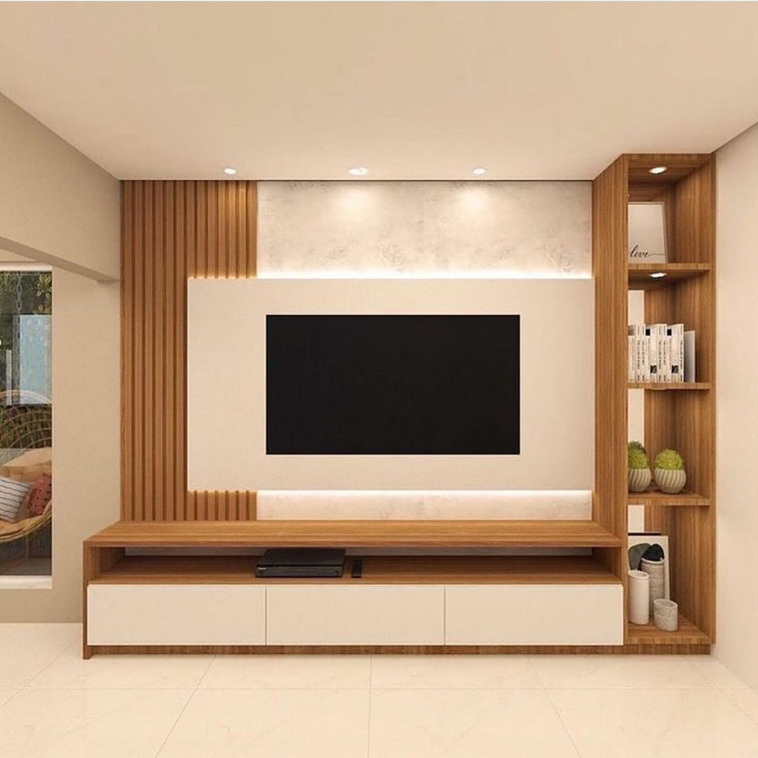 A minimalist living room design featuring a sleek built-in wooden media unit with a bench and shelving, accented by soft backlighting.