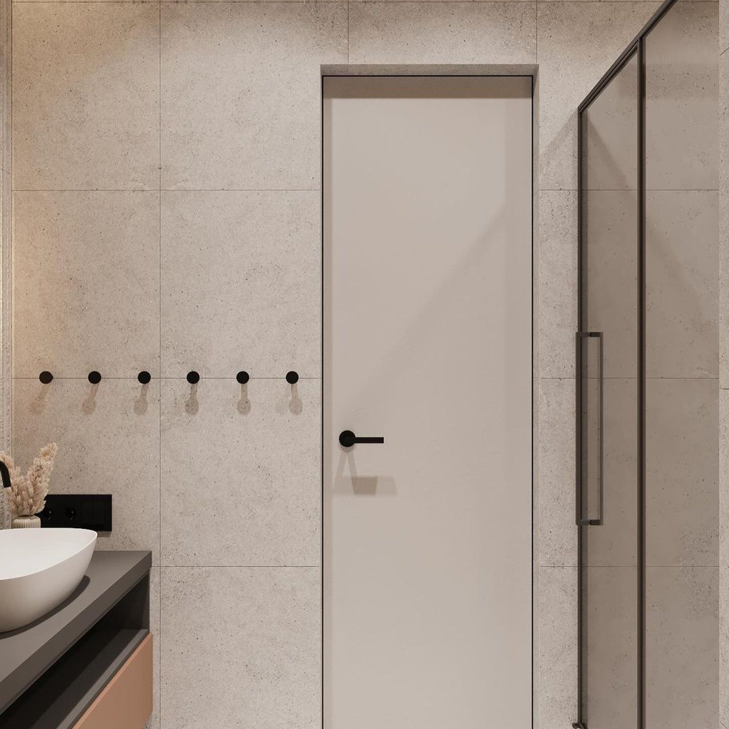 A modern, minimalistic bathroom featuring beige tiles, a sleek black countertop basin, and matte black hardware.