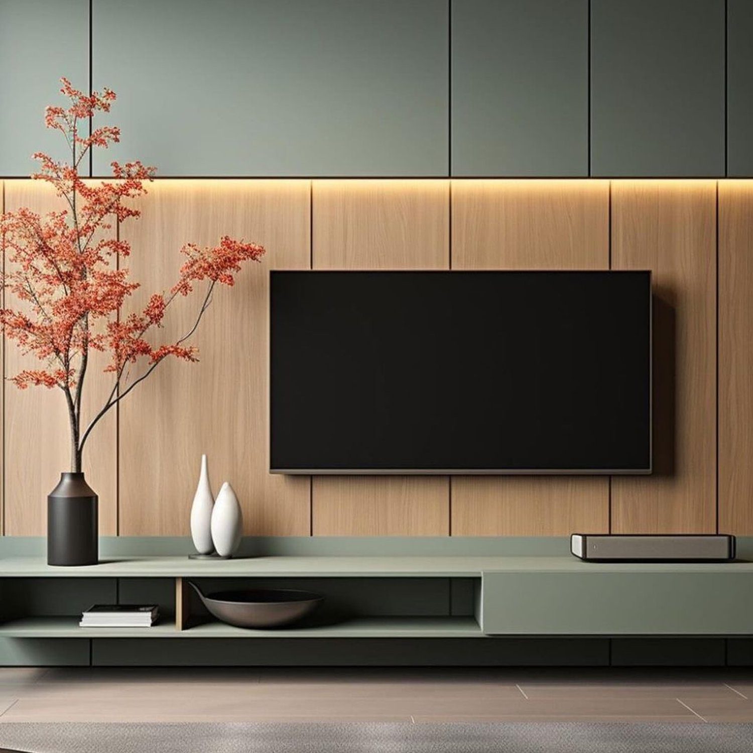 A modern living room featuring a wall-mounted television