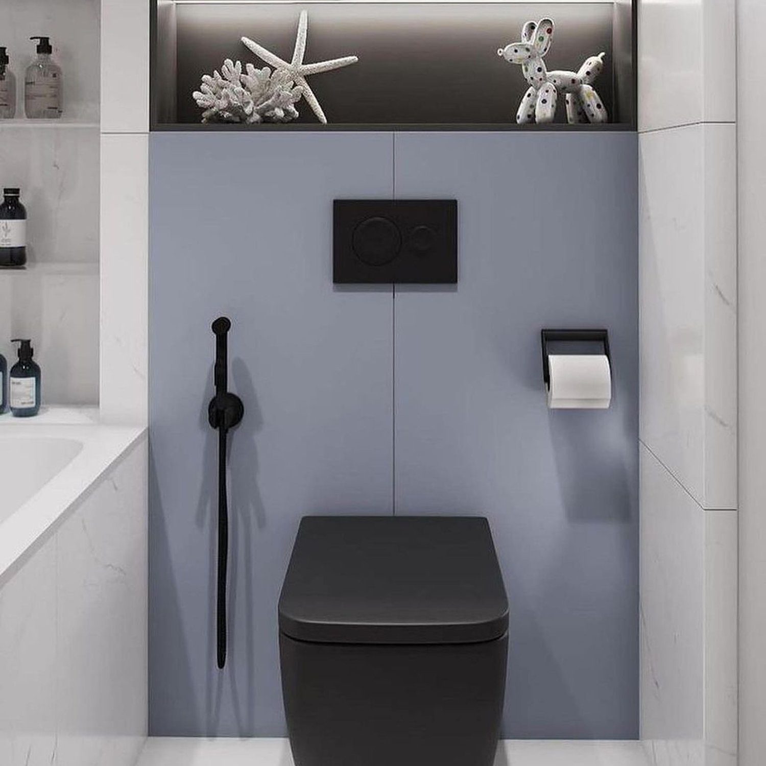 A modern and sleek bathroom featuring monochromatic design