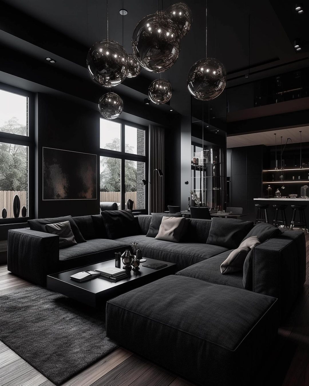 Stylish modern living room with monochromatic black design, featuring a large sectional sofa, oversized pendant lights, and high contrast artwork