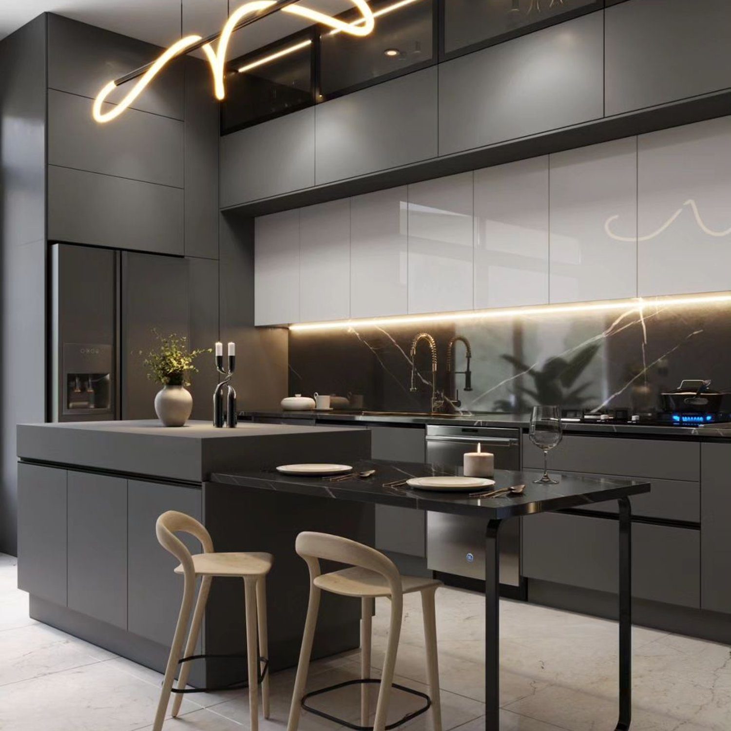 A sleek and modern kitchen with monochromatic tones