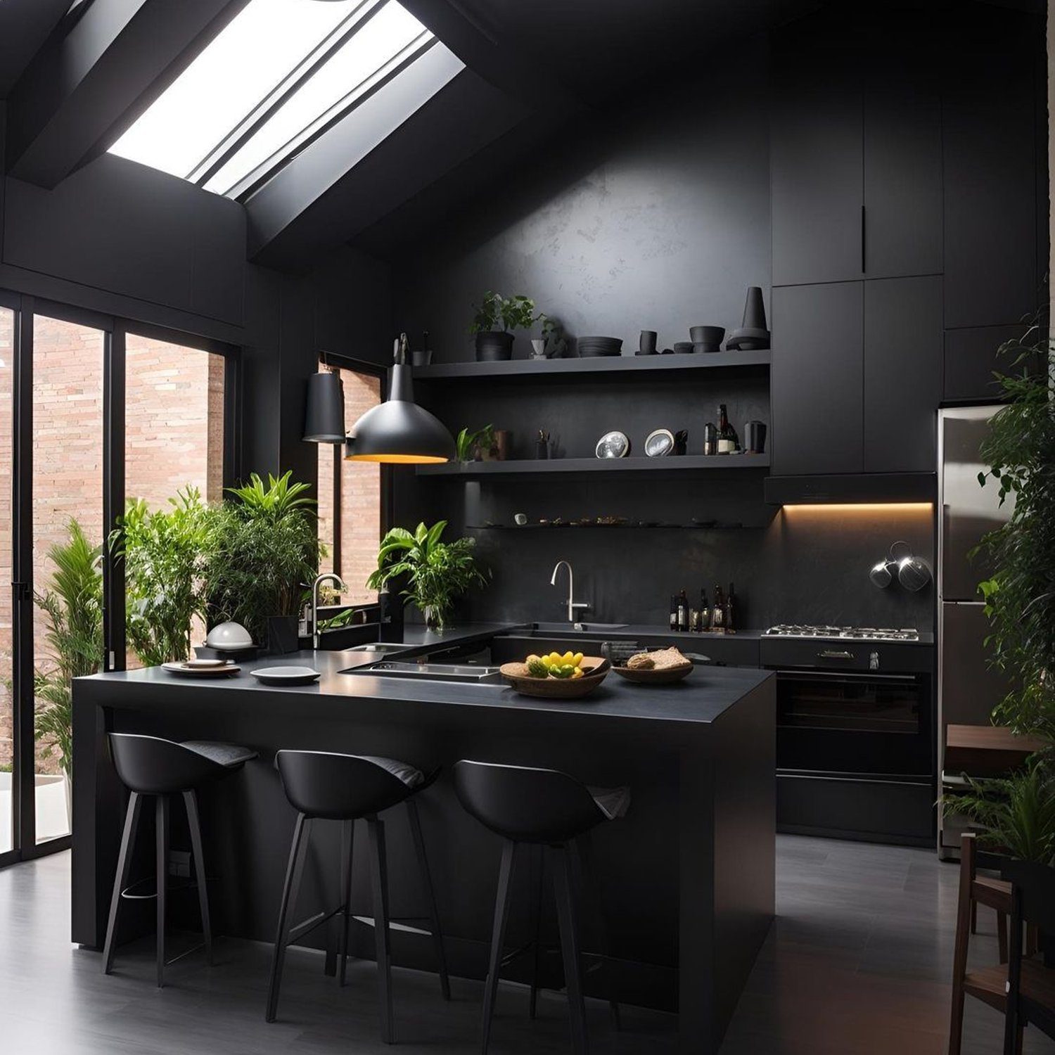 Sleek and modern kitchen in monochrome black with integrated appliances