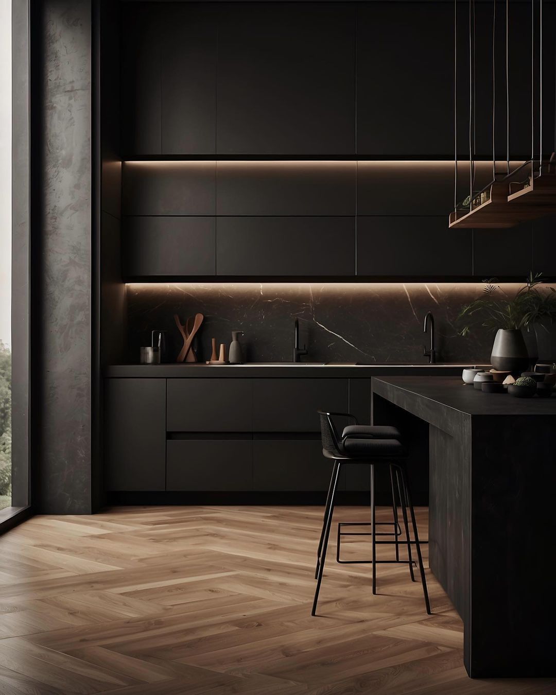 A contemporary kitchen space embracing a monochromatic theme