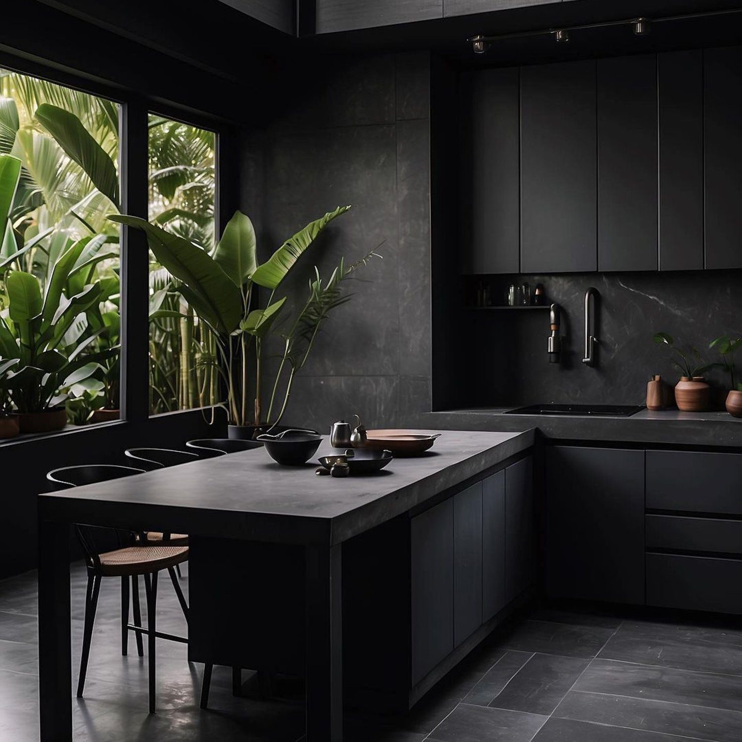 A modern kitchen featuring a monochrome dark palette with sleek cabinets, a large island, and lush greenery visible through the window.