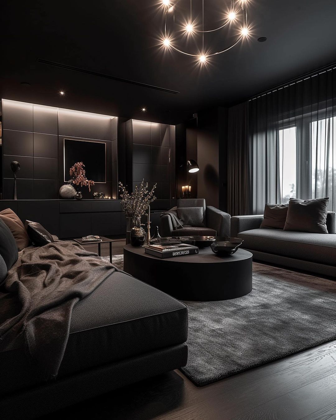 A modern monochromatic living room with sophisticated dark tones