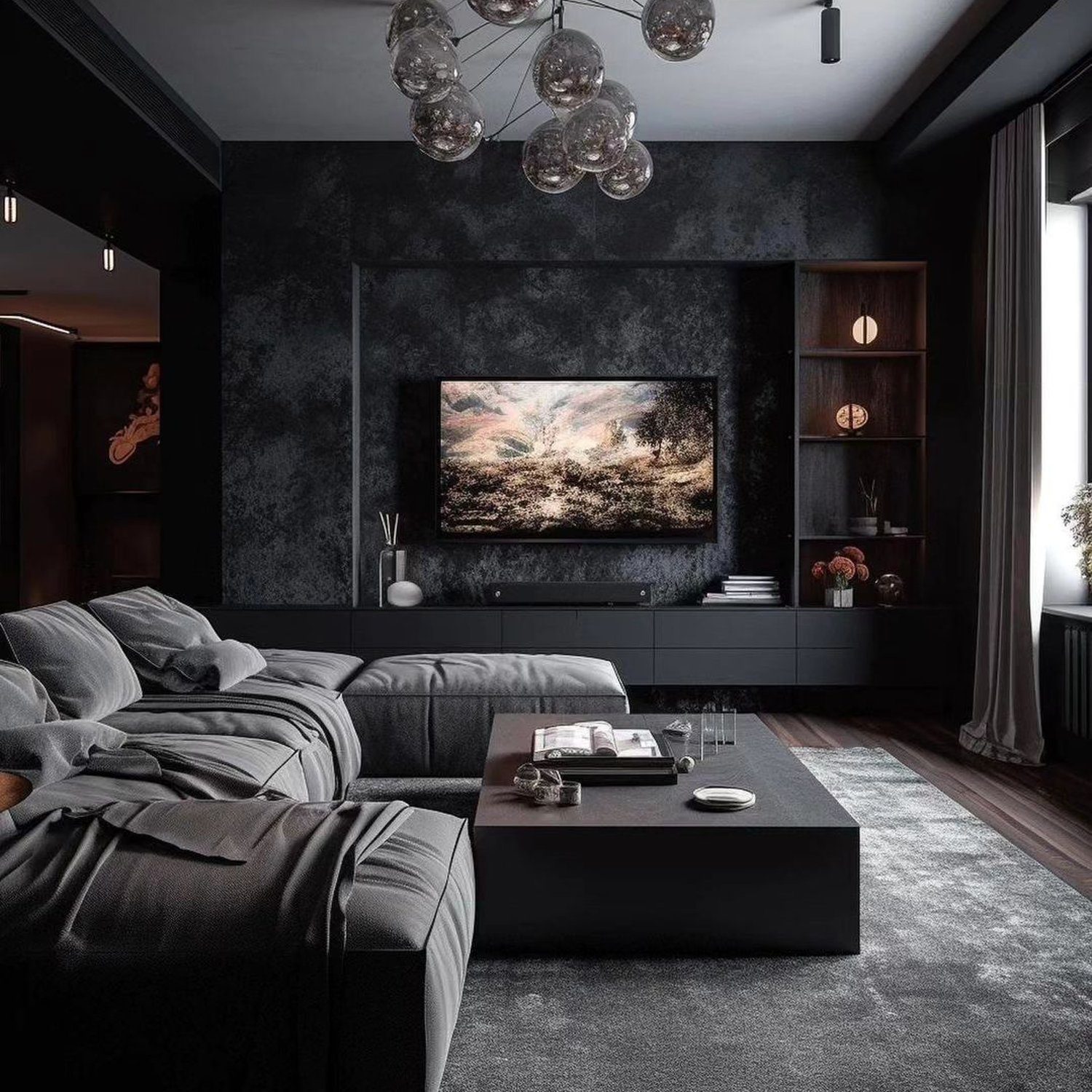 A modern living room with a sophisticated monochromatic design