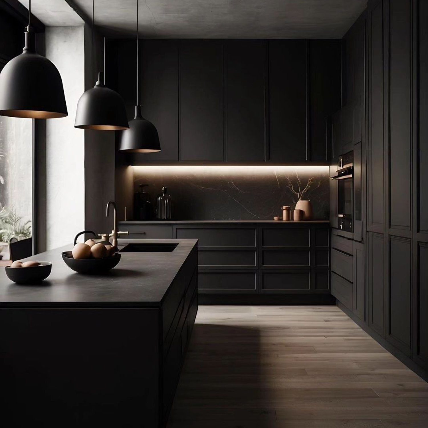 A chic and sophisticated monochrome kitchen featuring matte black cabinetry, sleek appliances, and bold pendant lighting