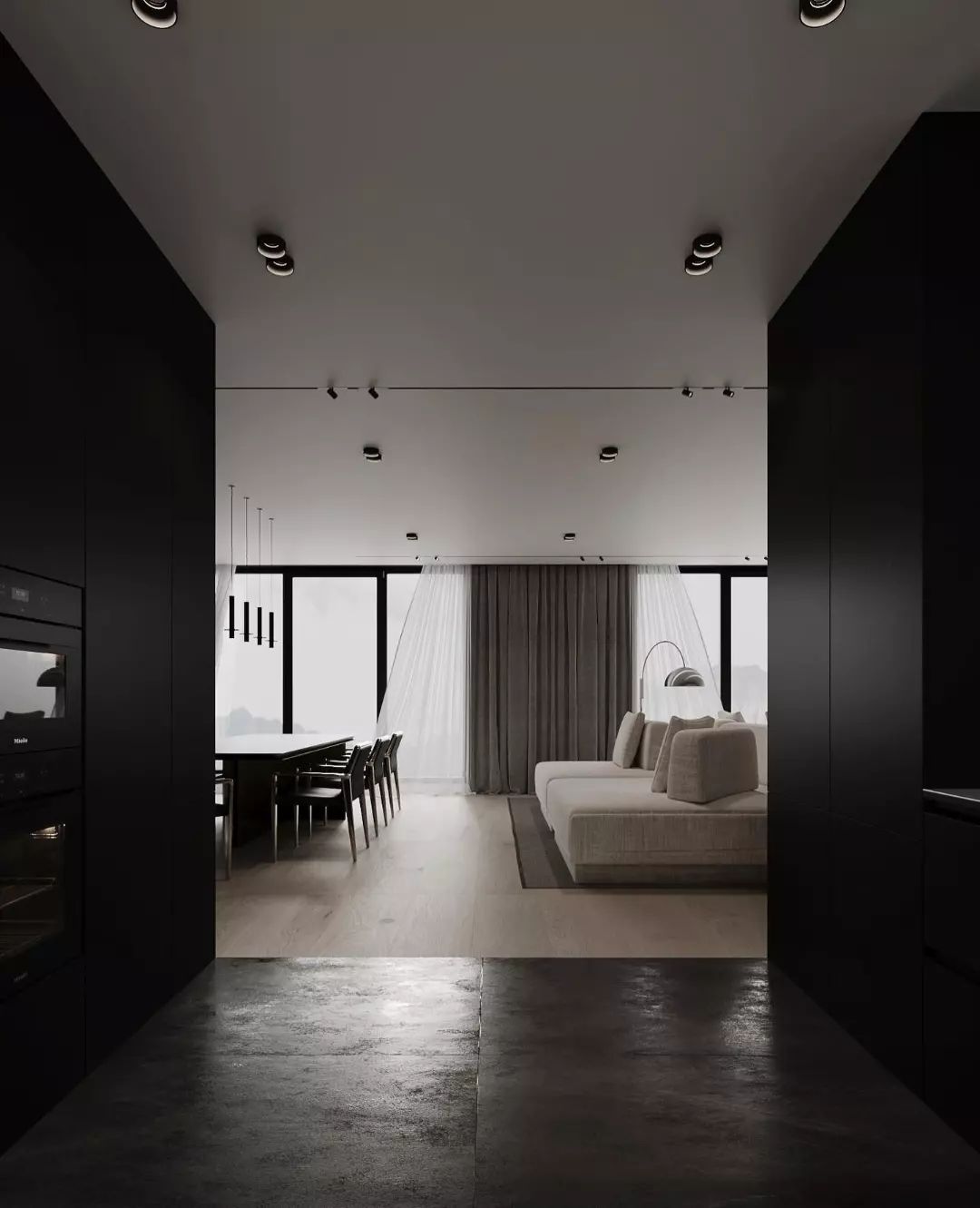 A modern monochrome living room with striking contrasts