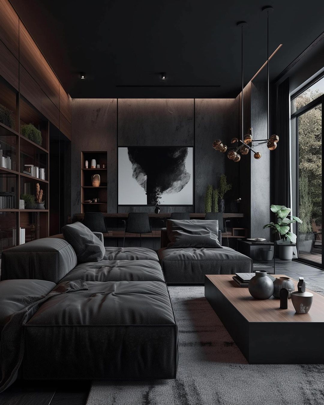 A sophisticated and moody living room design with deep grey tones.