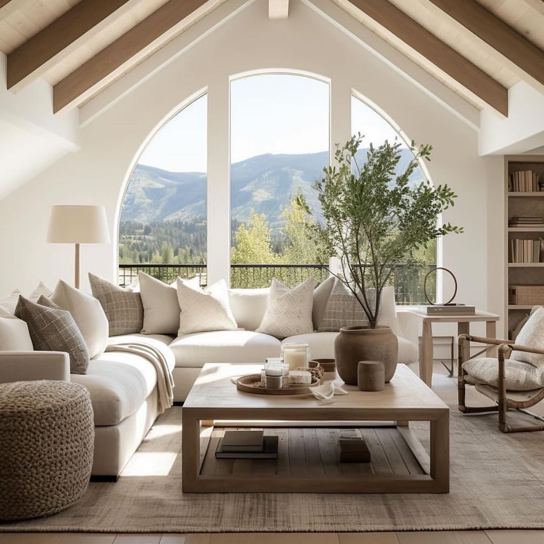 A sophisticated yet inviting living room with a plush sectional sofa and towering arched windows framing breathtaking mountain views.