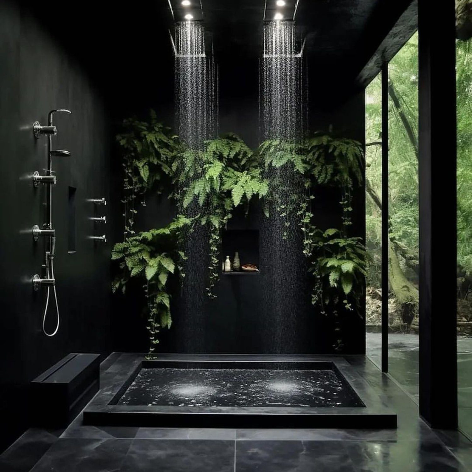 A luxurious and modern bathroom with nature elements