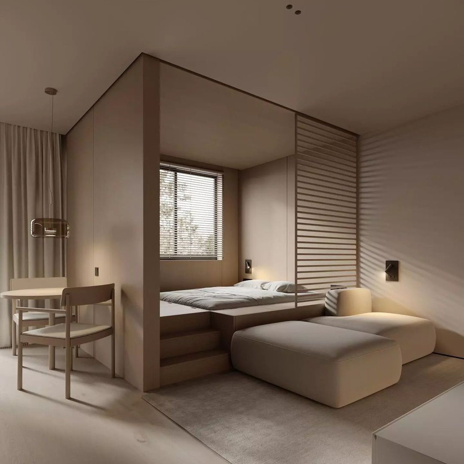 A serene and modern bedroom with harmonious neutral tones