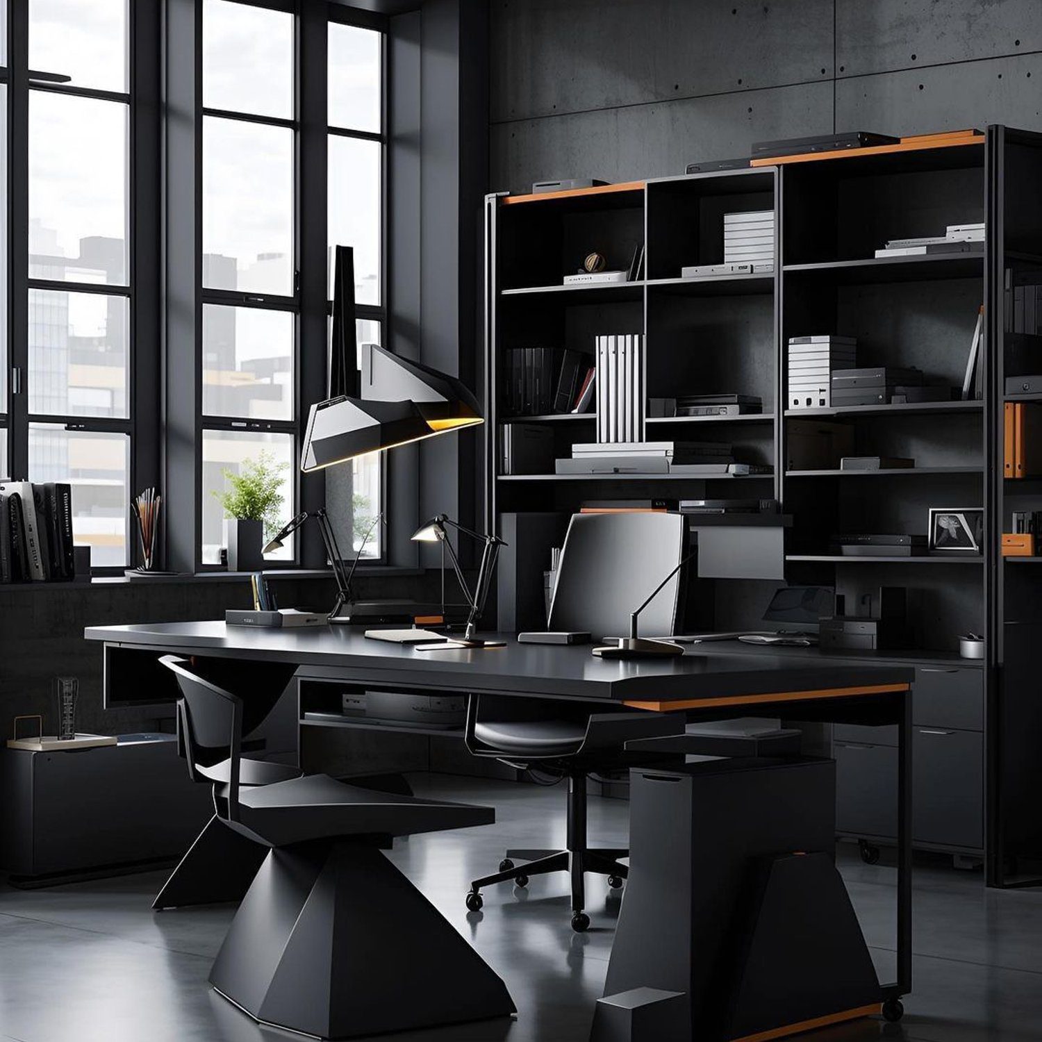 Stylish modern office space with geometric furniture and high contrast decor