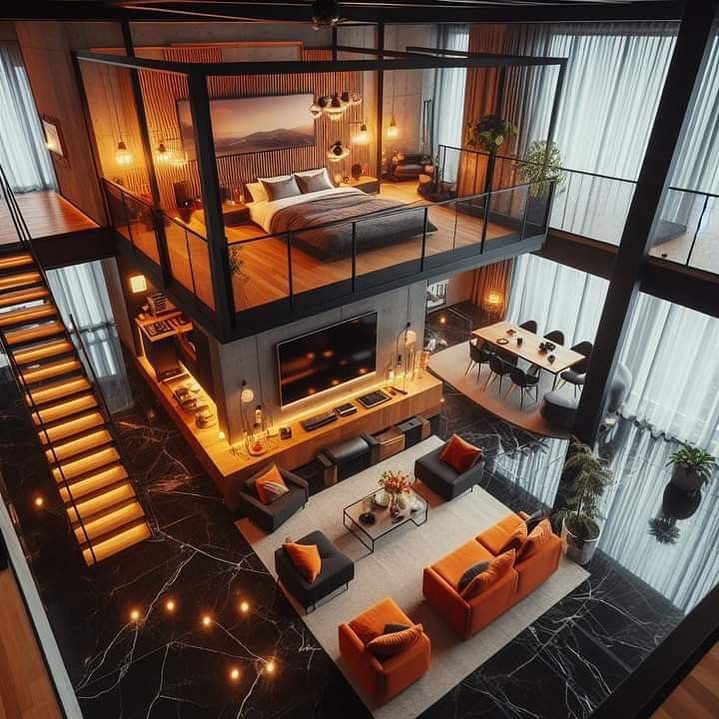 A modern open-concept loft with warm wood accents, impactful black metal framing, and bold orange furniture.