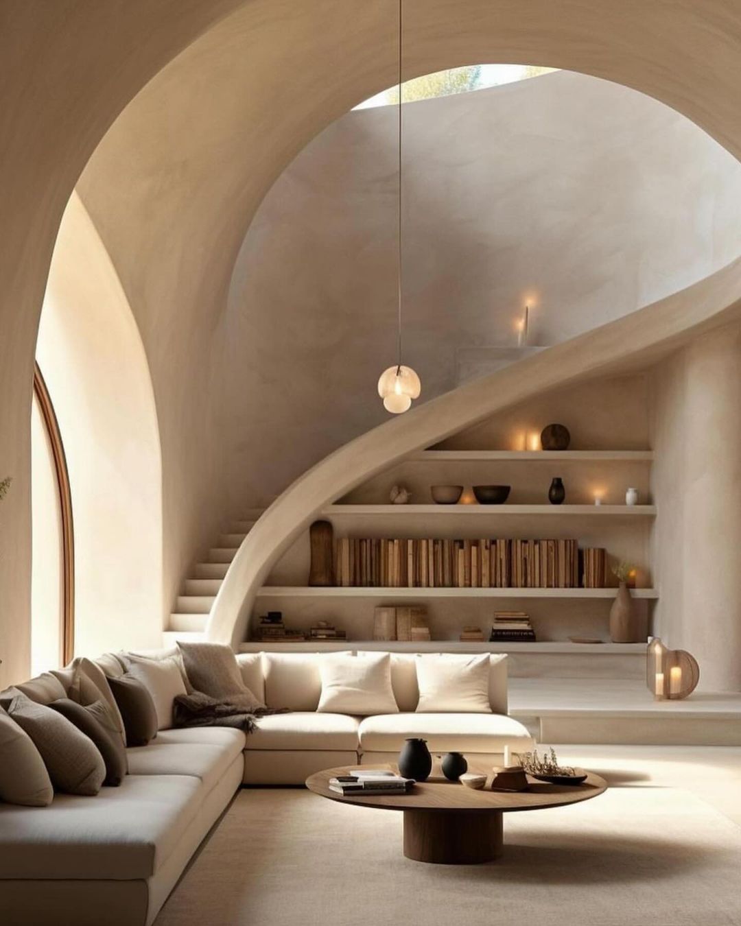 A modern living room with a harmonious blend of organic shapes and neutral tones