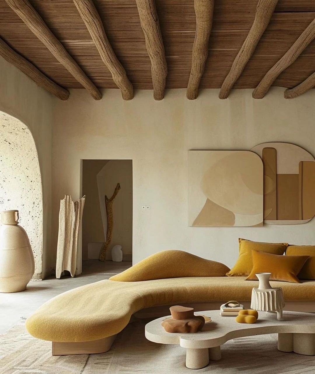 A harmoniously designed living space with an emphasis on natural textures and earthy tones