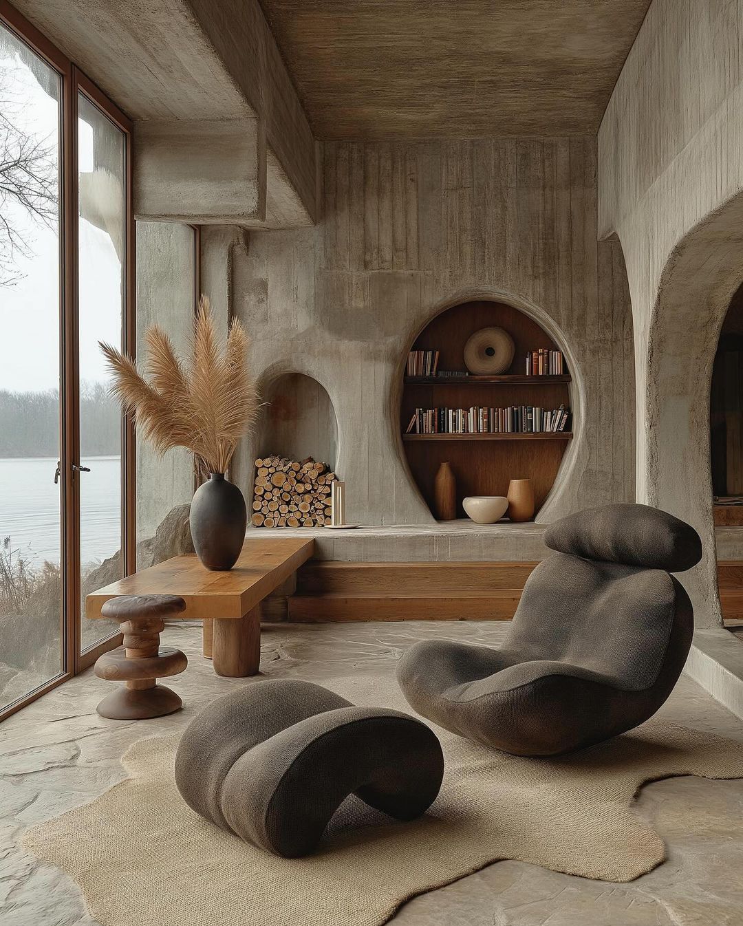 A serene modern living room embracing organic forms and natural materials