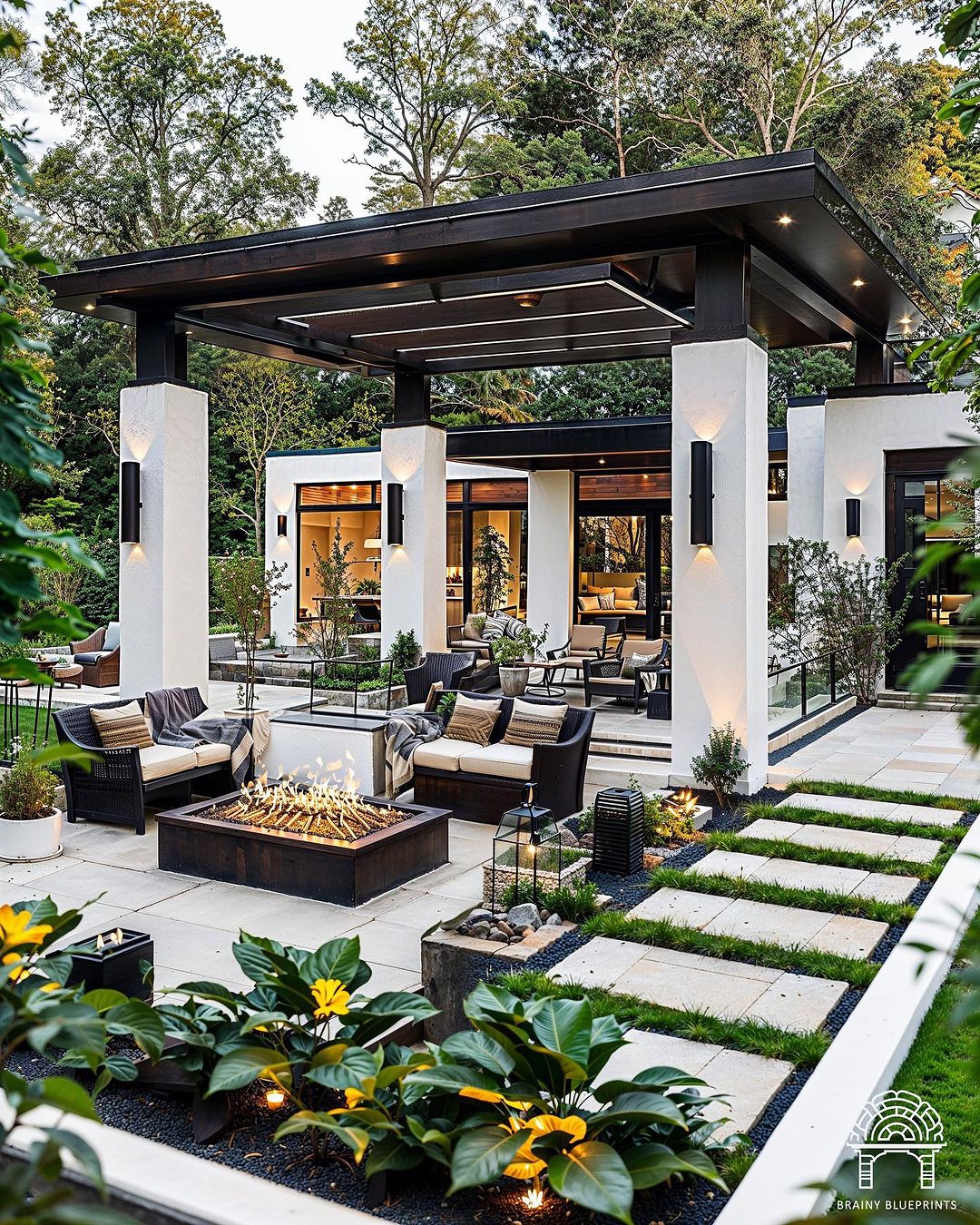 A modern outdoor living space with a sleek pergola and cozy fire pit