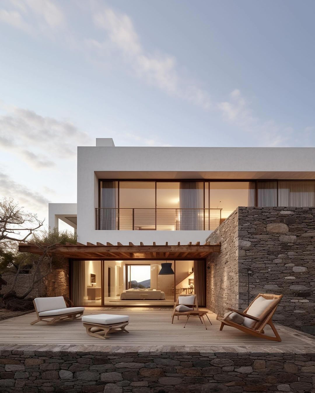 A peaceful outdoor lounge area with two wooden recliner chairs and soft cushions, framed by a stone wall and a modern house facade with large glass doors