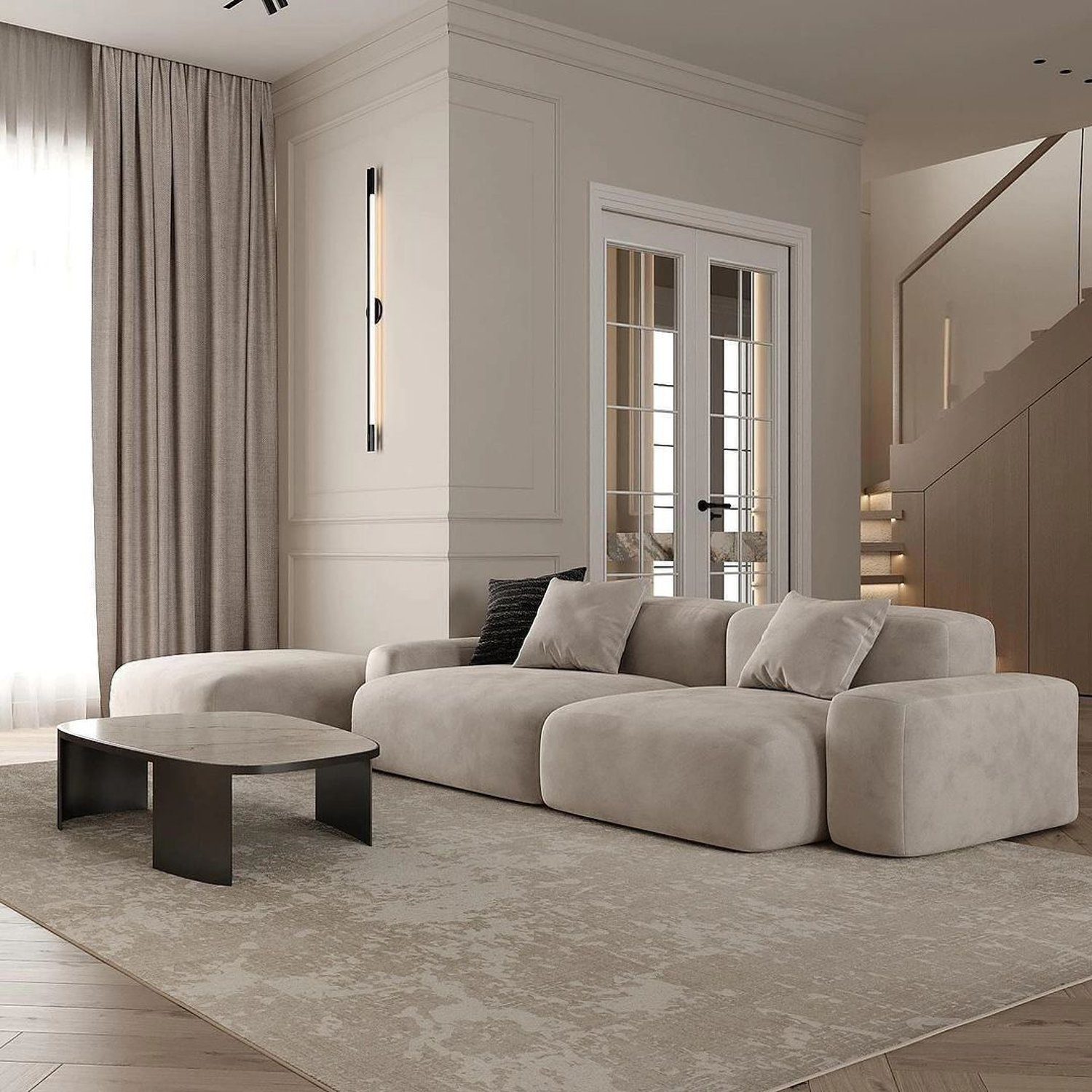 An elegant living room featuring a plush modular sofa