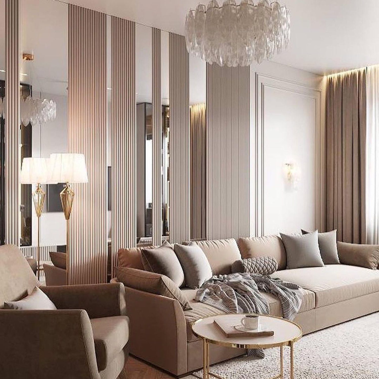 Elegant and modern living room with plush seating and striking metallic accents