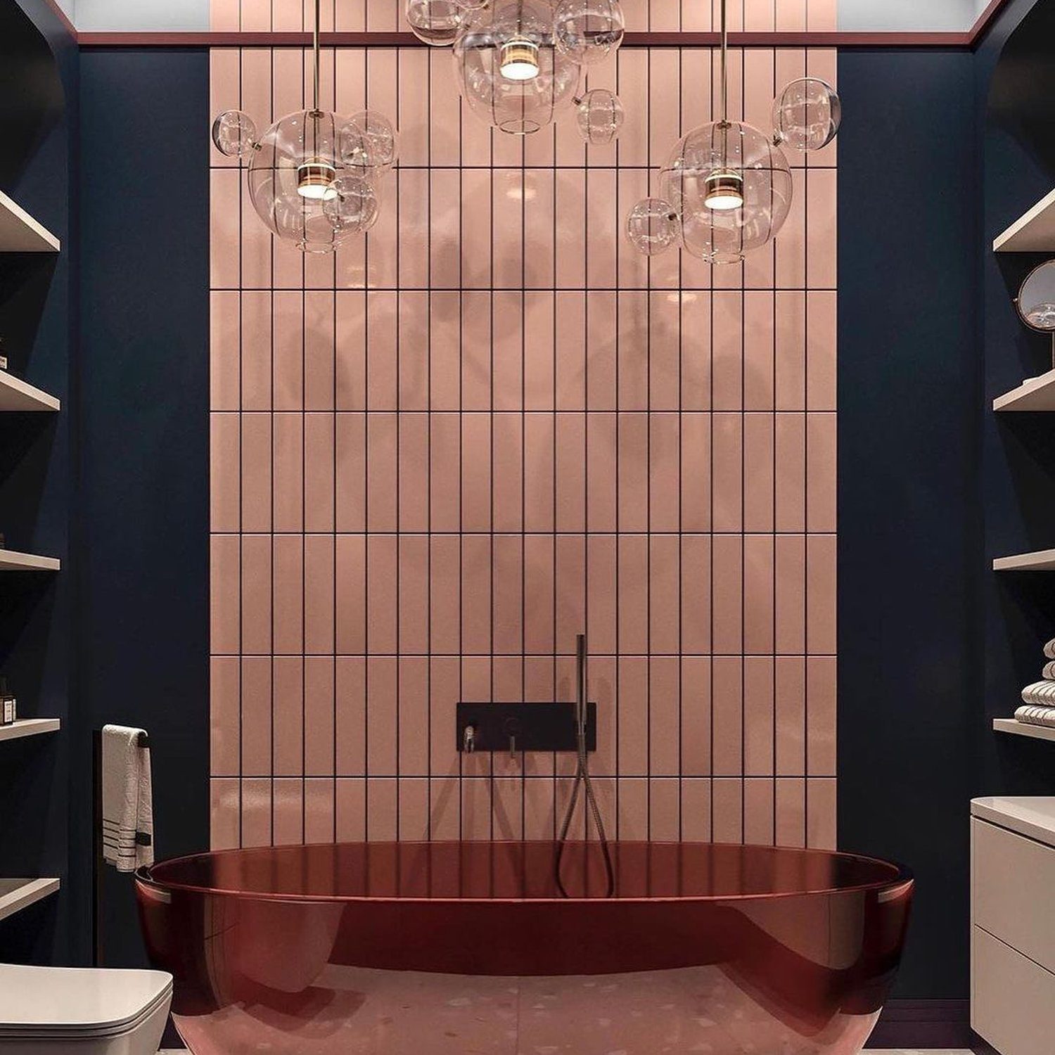 A sleek and modern bathroom featuring an exquisite red freestanding bathtub