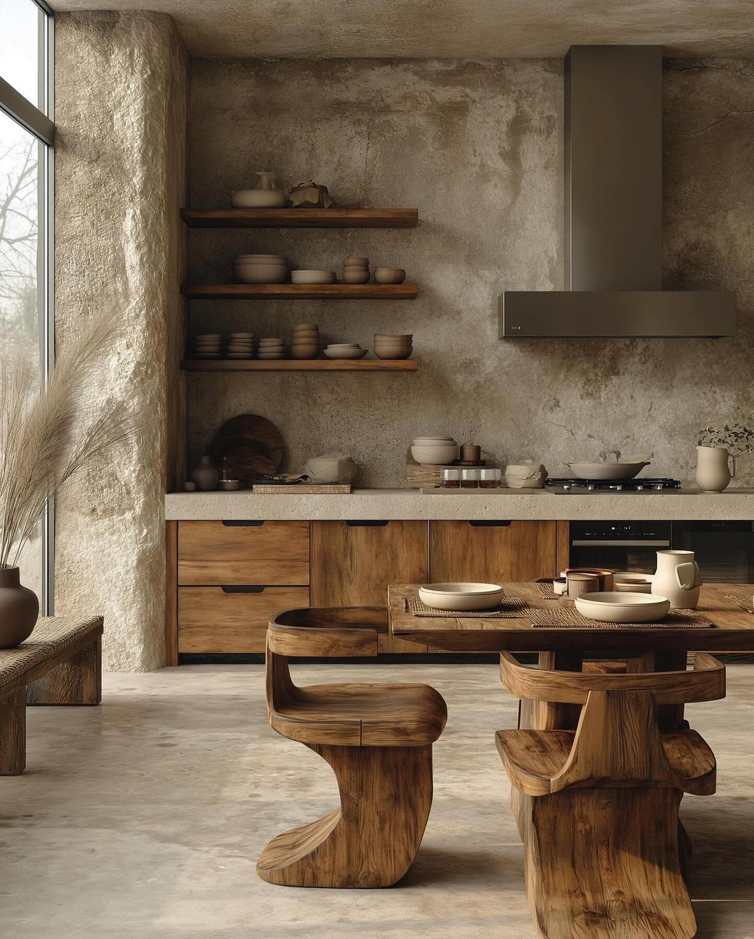 An earth-toned kitchen with raw textured walls, wooden furniture, and modern appliances.