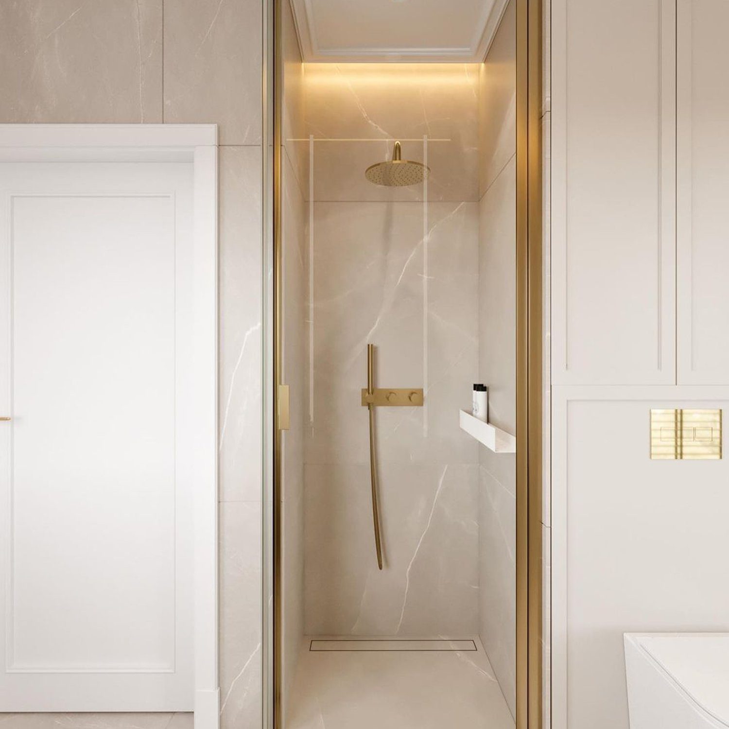 Elegant bathroom shower area with gold accents