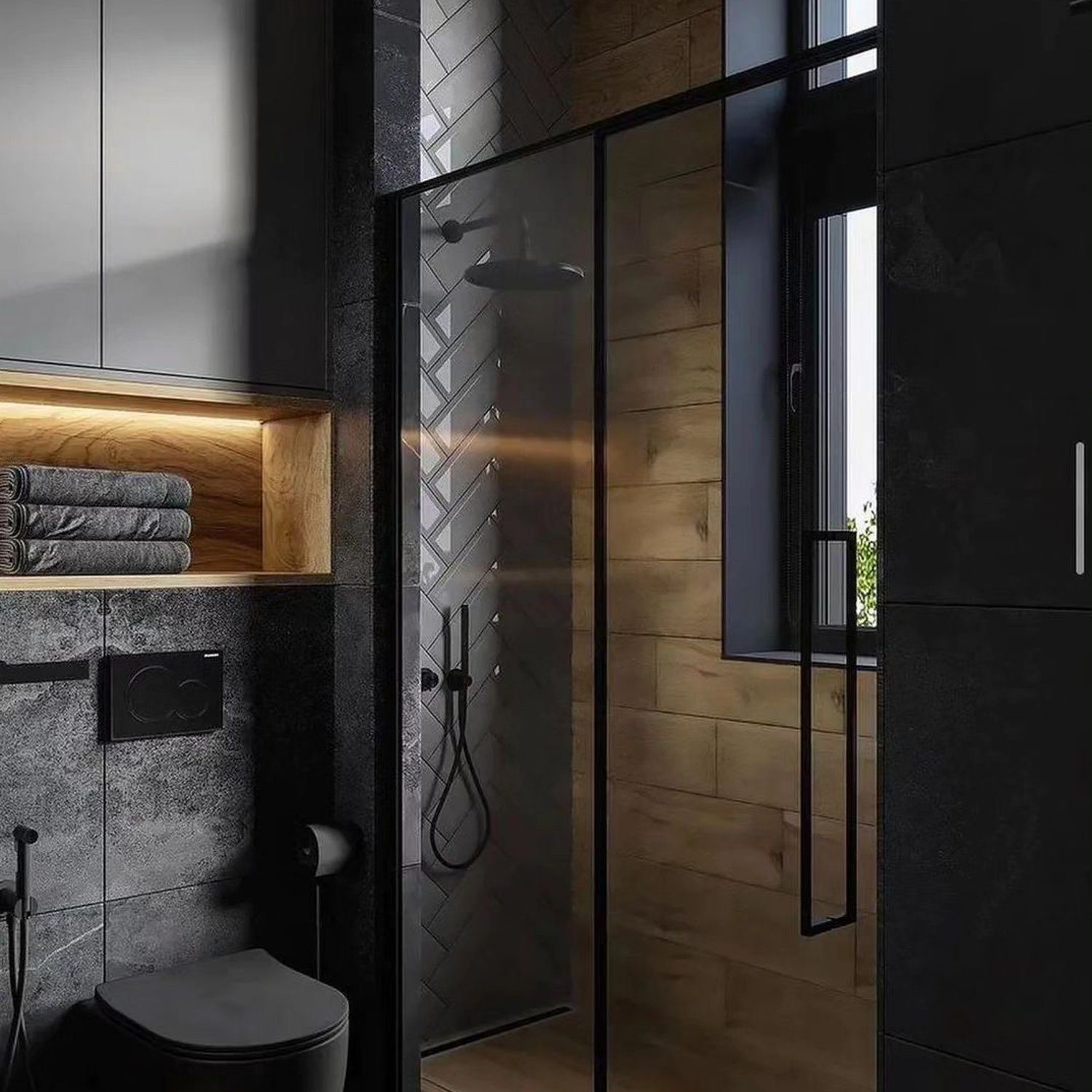 Modern and sleek bathroom design featuring a walk-in shower with black frame doors and a wooden interior