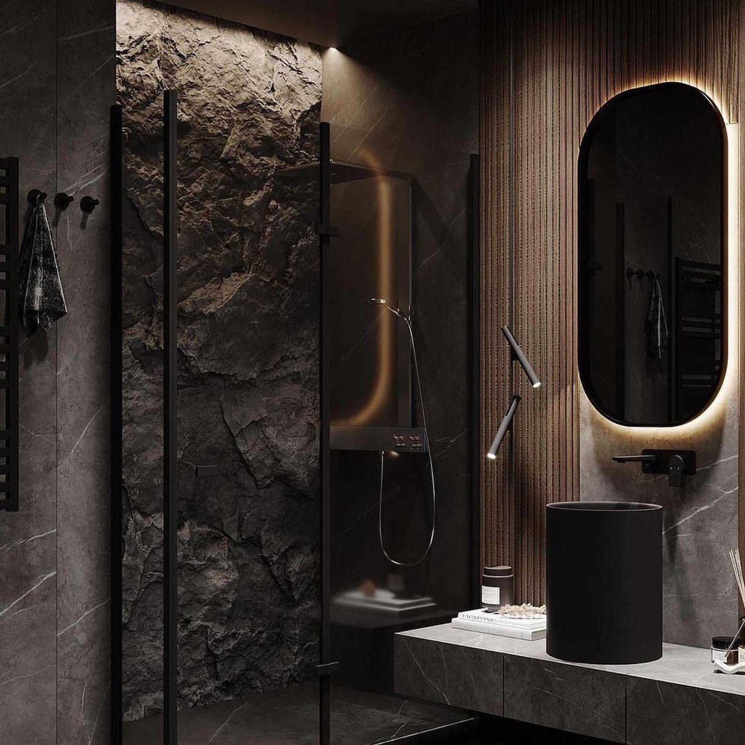 A modern and sleek bathroom design featuring dark tones and a stone wall