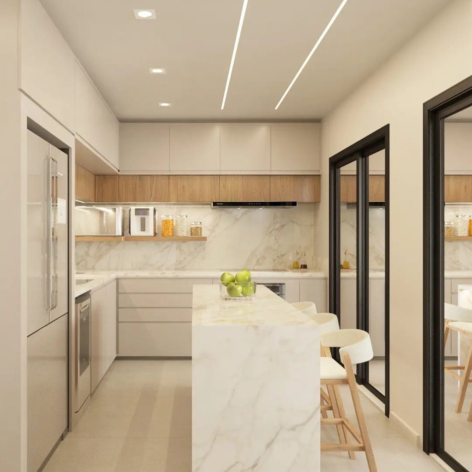 A modern kitchen with sleek design featuring wood accents and marble countertops.