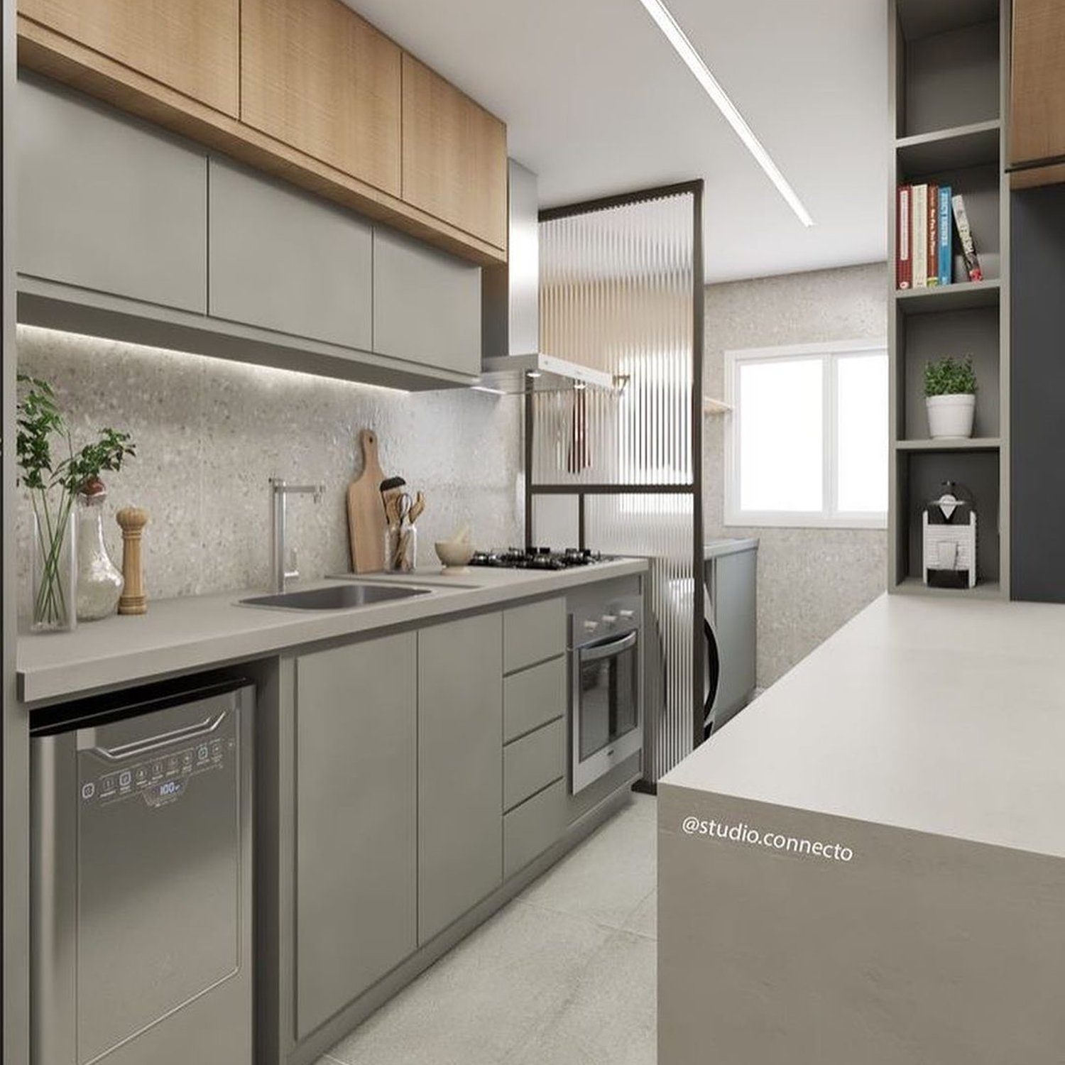 A modern and sleek kitchen with gray cabinetry and wooden upper cabinets.