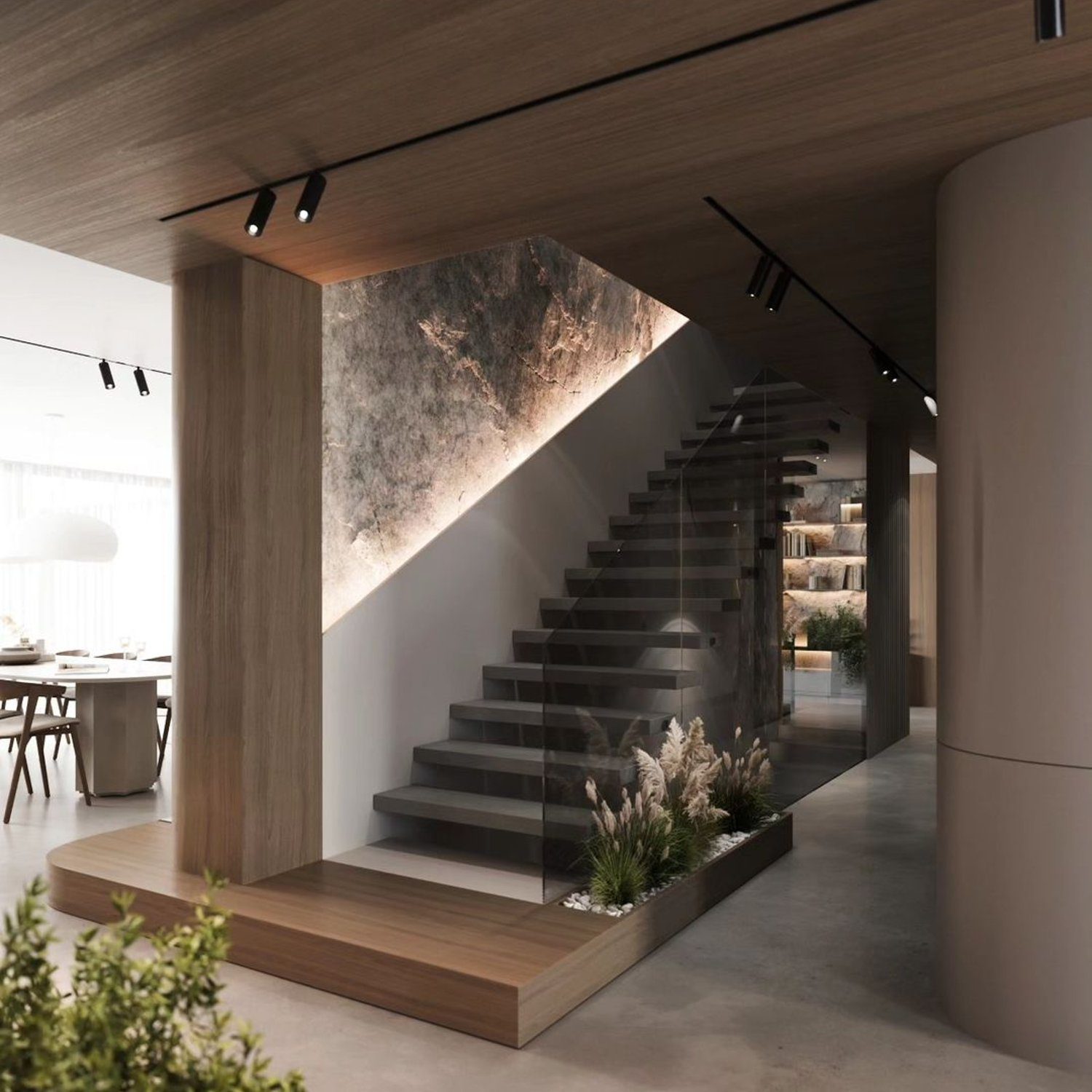 Elegant modern staircase with wood accents and integrated greenery