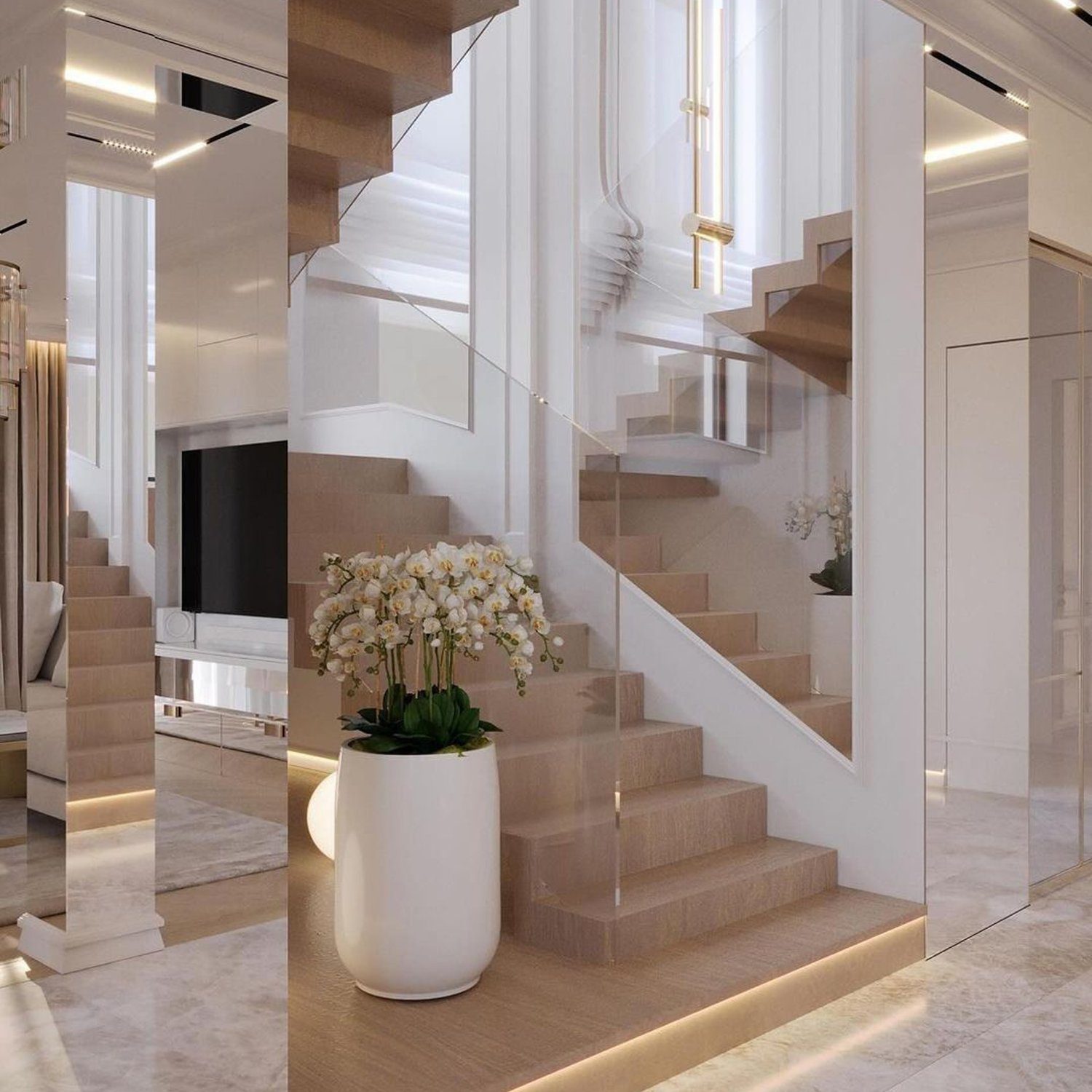 Elegant modern staircase design with beige tones, subtle lighting, and a touch of nature provided by a vase of white flowers.