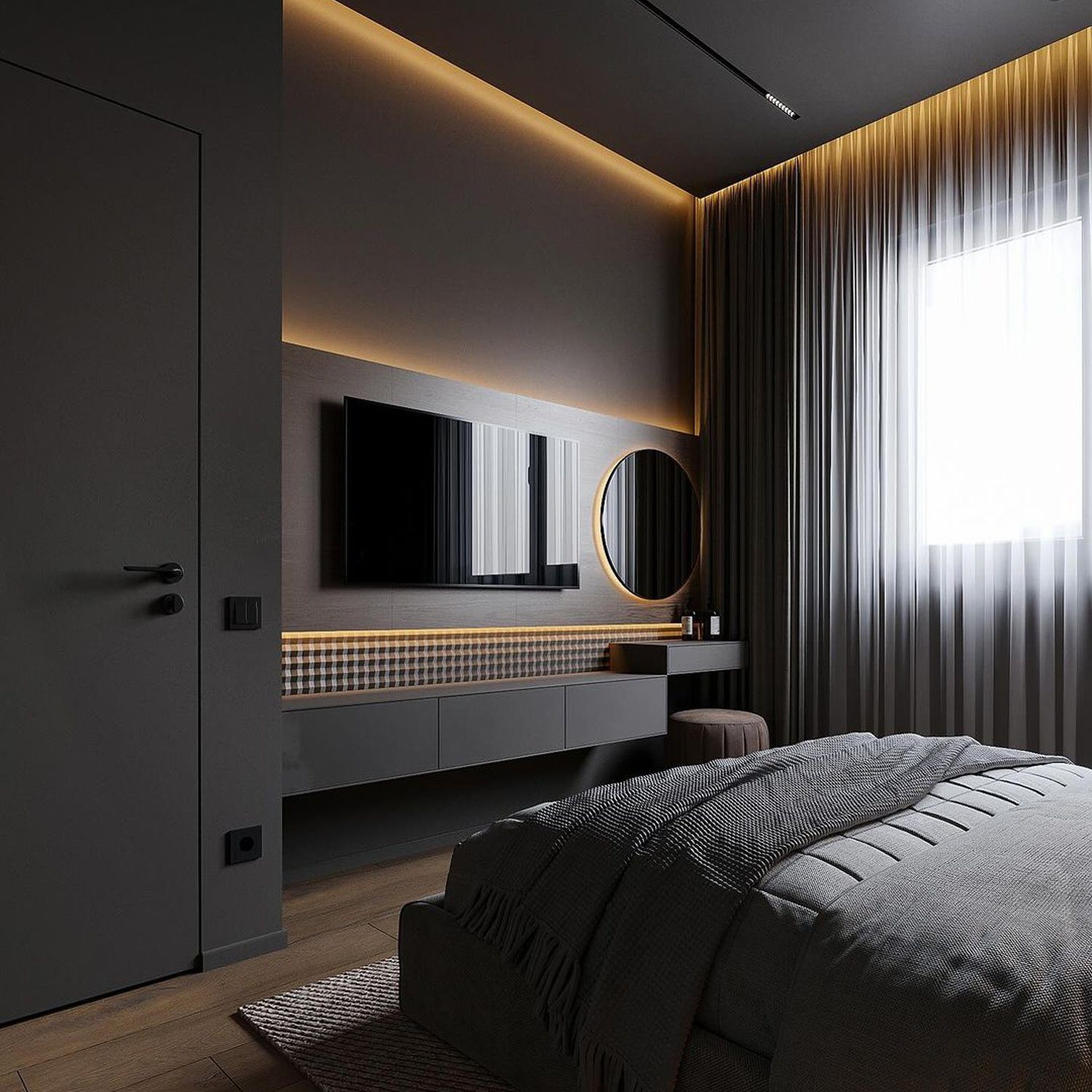 A modern and stylish bedroom with ambient lighting