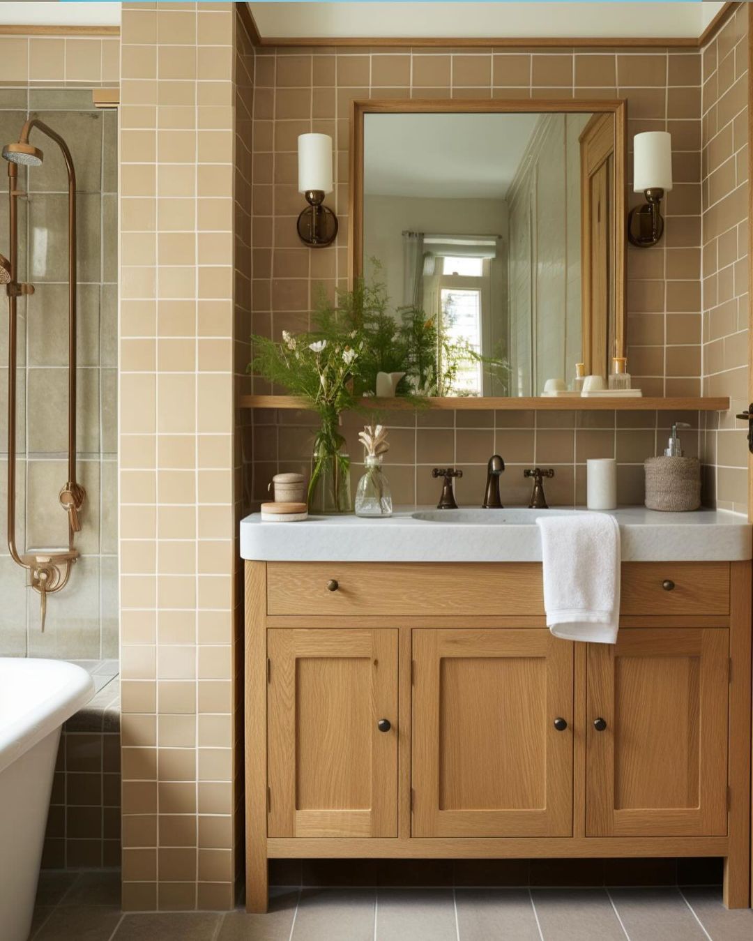 A thoughtfully designed bathroom with tan tiles