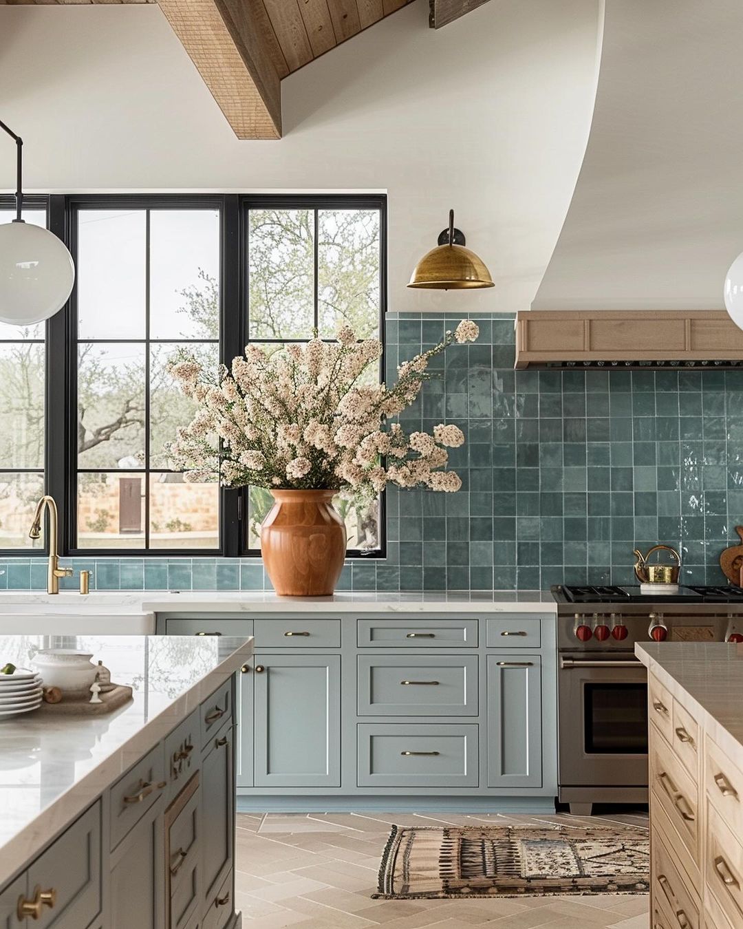 A contemporary kitchen boasting teal cabinetry, terra-cotta vase with lush blooms, and sleek metallic accents