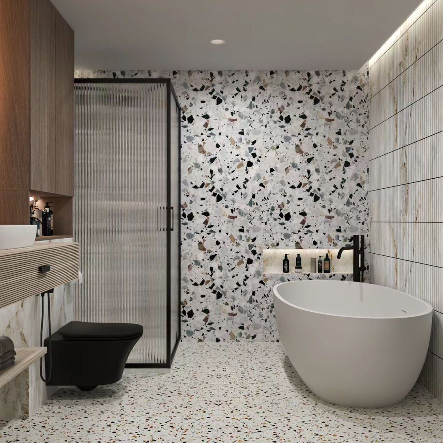 Stylish modern bathroom with terrazzo flooring and accents