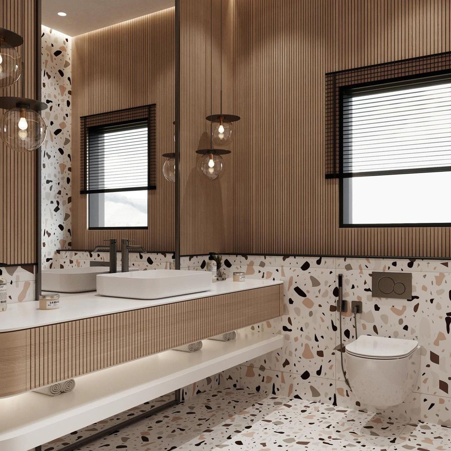 A modern bathroom with terrazzo flooring