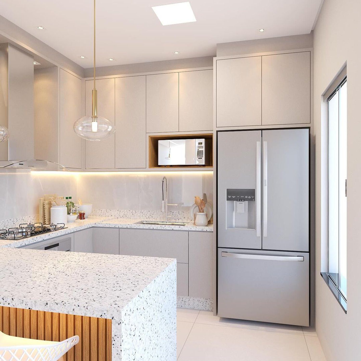 A sleek and modern kitchen with terrazzo countertops